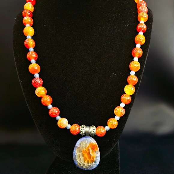Handcrafted Artisan Agate, Blue Aventurine with Blue Agate Pendant Necklace